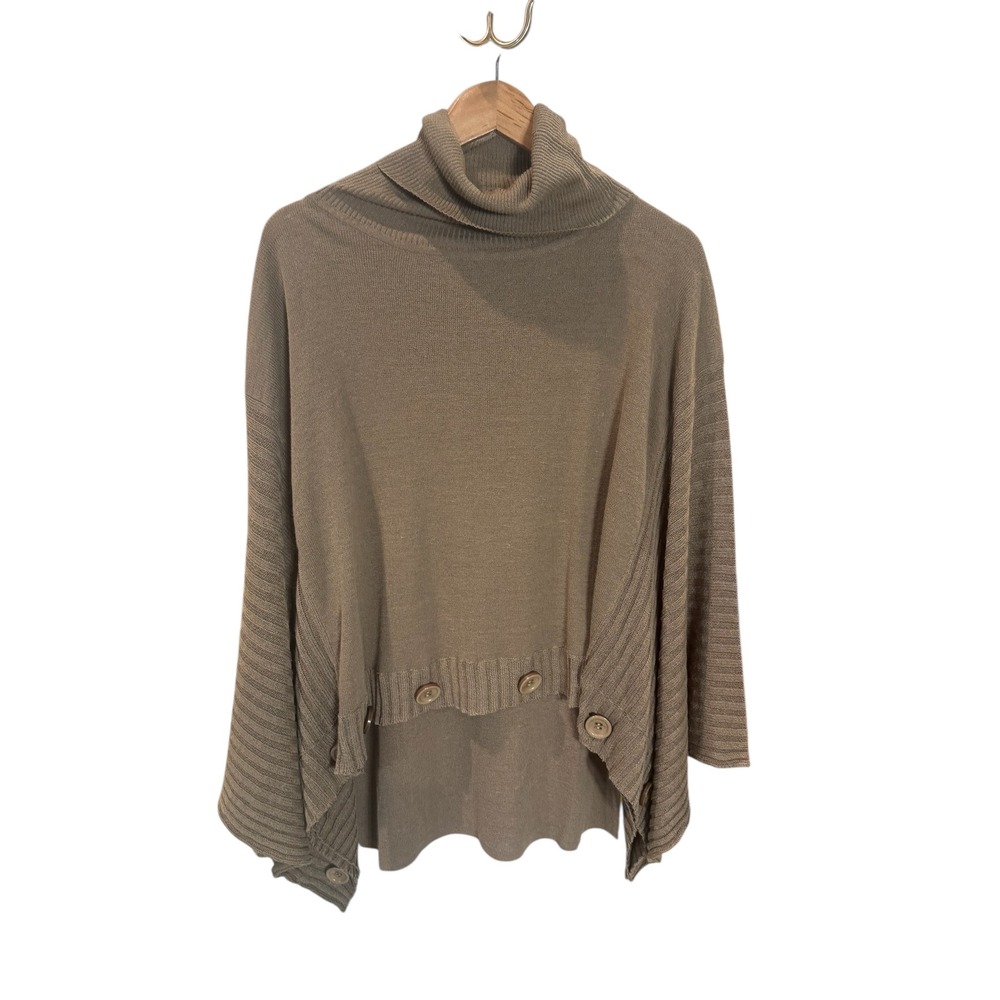 Vintage DE TAILLE One Size Beige Linen Blend Tunic Turtle Neck Sweater Poncho